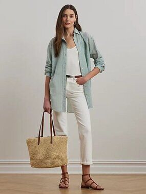 $145 Lauren Ralph Lauren Oversize Striped Cotton Broadcloth Shirt Sage Green M